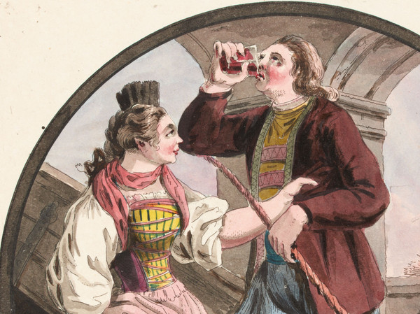 Una coppia davanti a una taverna: la donna trattiene il suo uomo, intento a bere