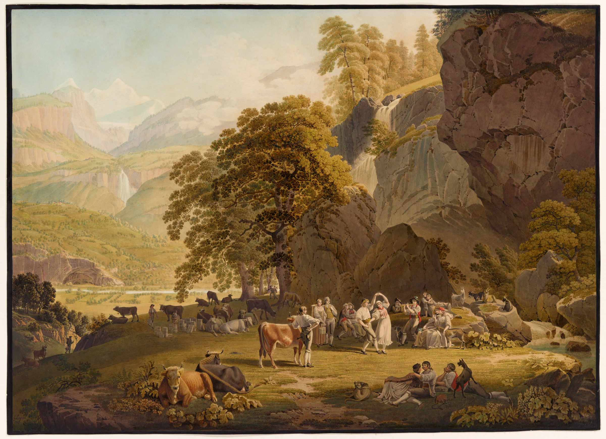 Fête des armaillis dans l’Oberhasli. Couple dansant et joueur de flûte sur un alpage, entourés d’un grand groupe en costume, de vaches, chèvres et chiens; à gauche dans le bas de la vallée, cours de l’Aar; au-dessus, chutes de Reichenbach et massif du Wetterhorn