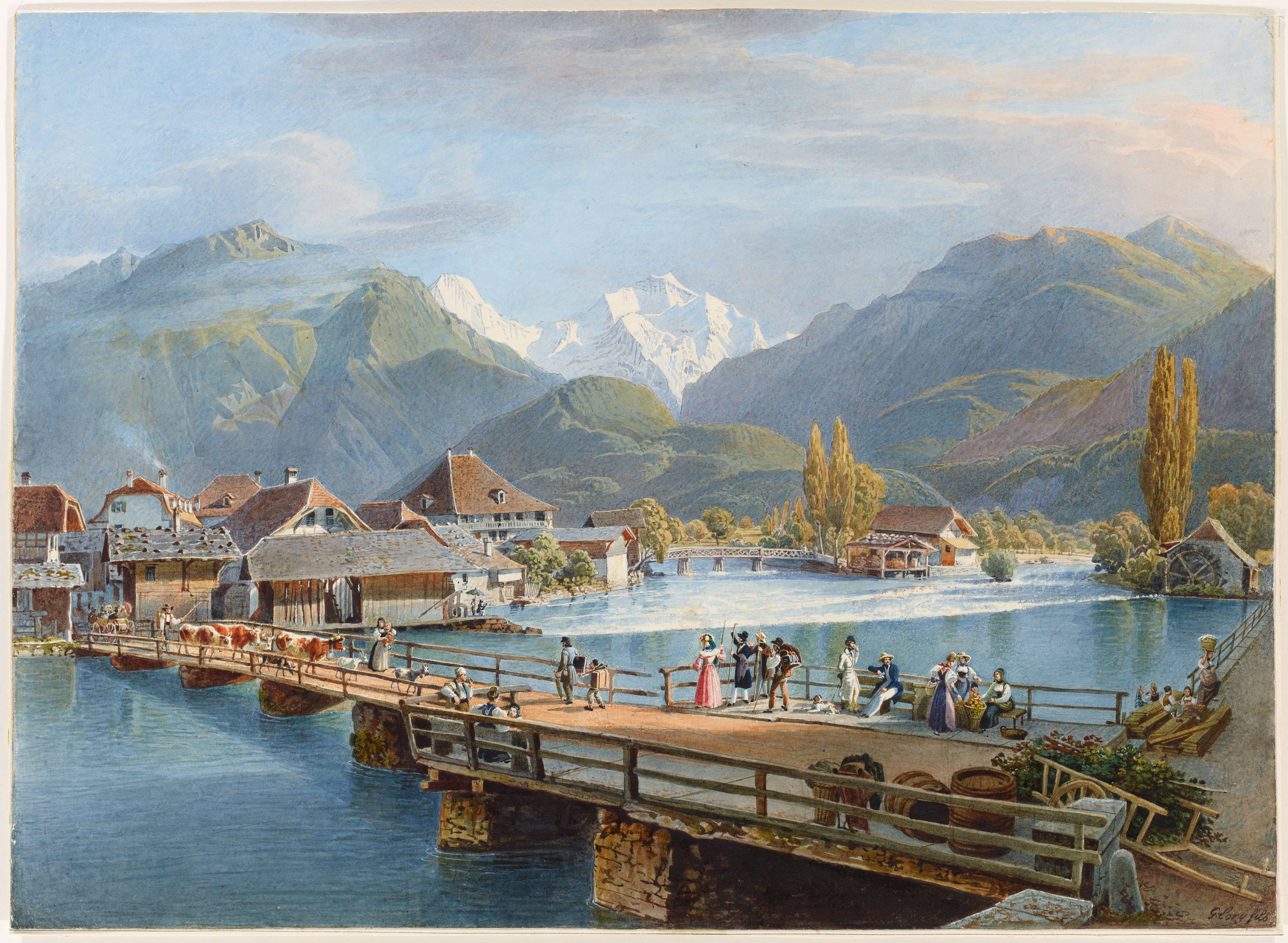 Vue du village d’Unterseen. Au premier plan, pont en caissons animé sur l’Aar; à l’arrière-plan, massif de la Jungfrau.