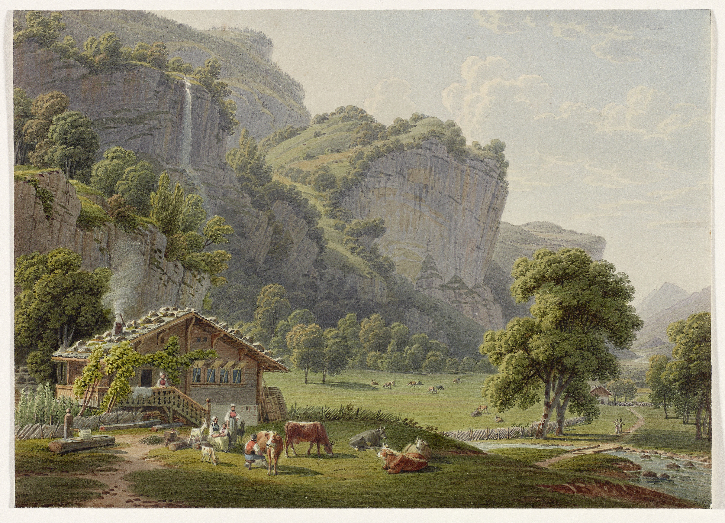 Lauterbrunnen, vue partielle. Ferme ; jardin ; vallée de Lauterbrunnen ; cascade Staubbach ; chute d'eau