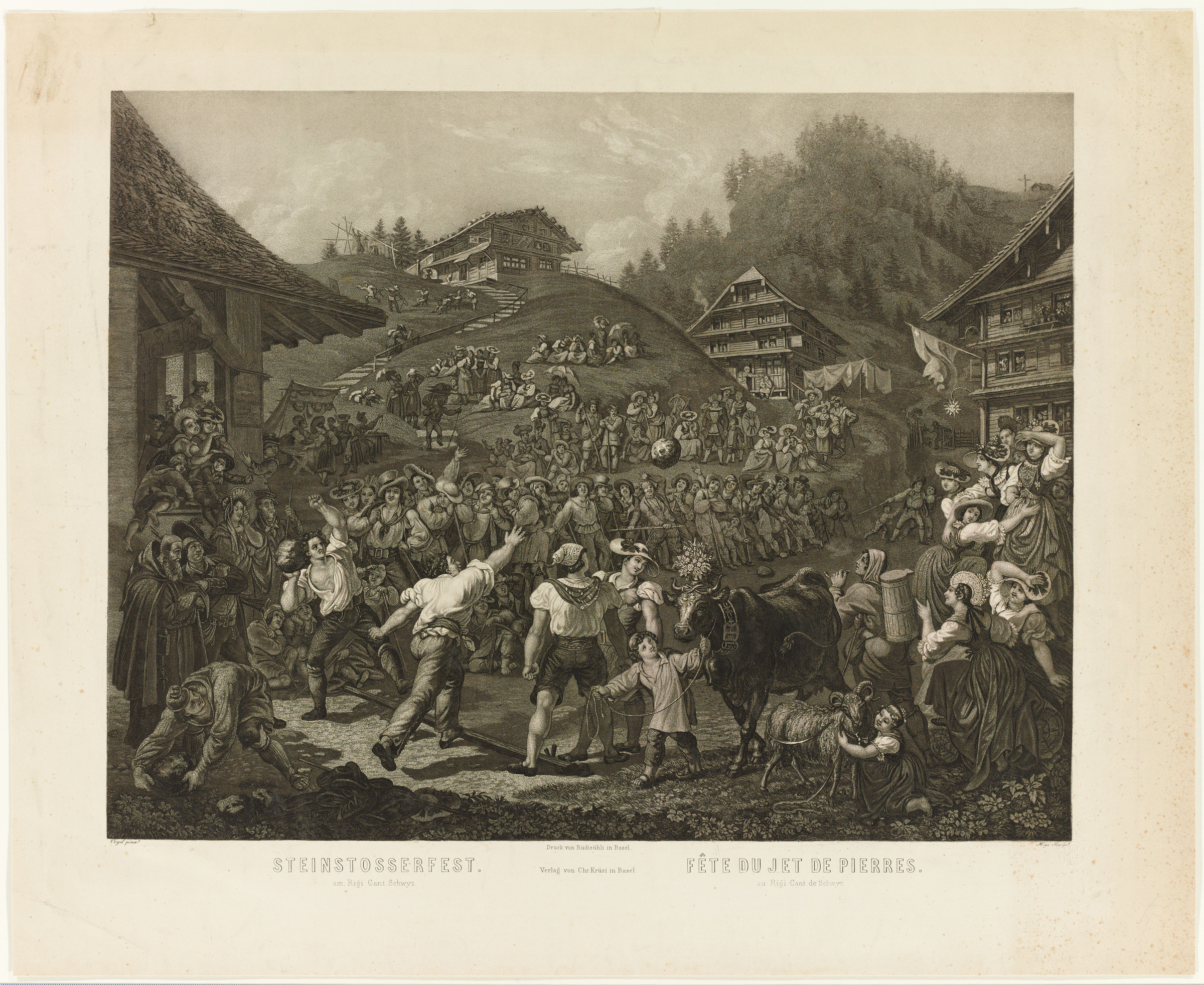 Festa popolare; in primo piano due lanciatori di pietre e una mucca ghirlandata