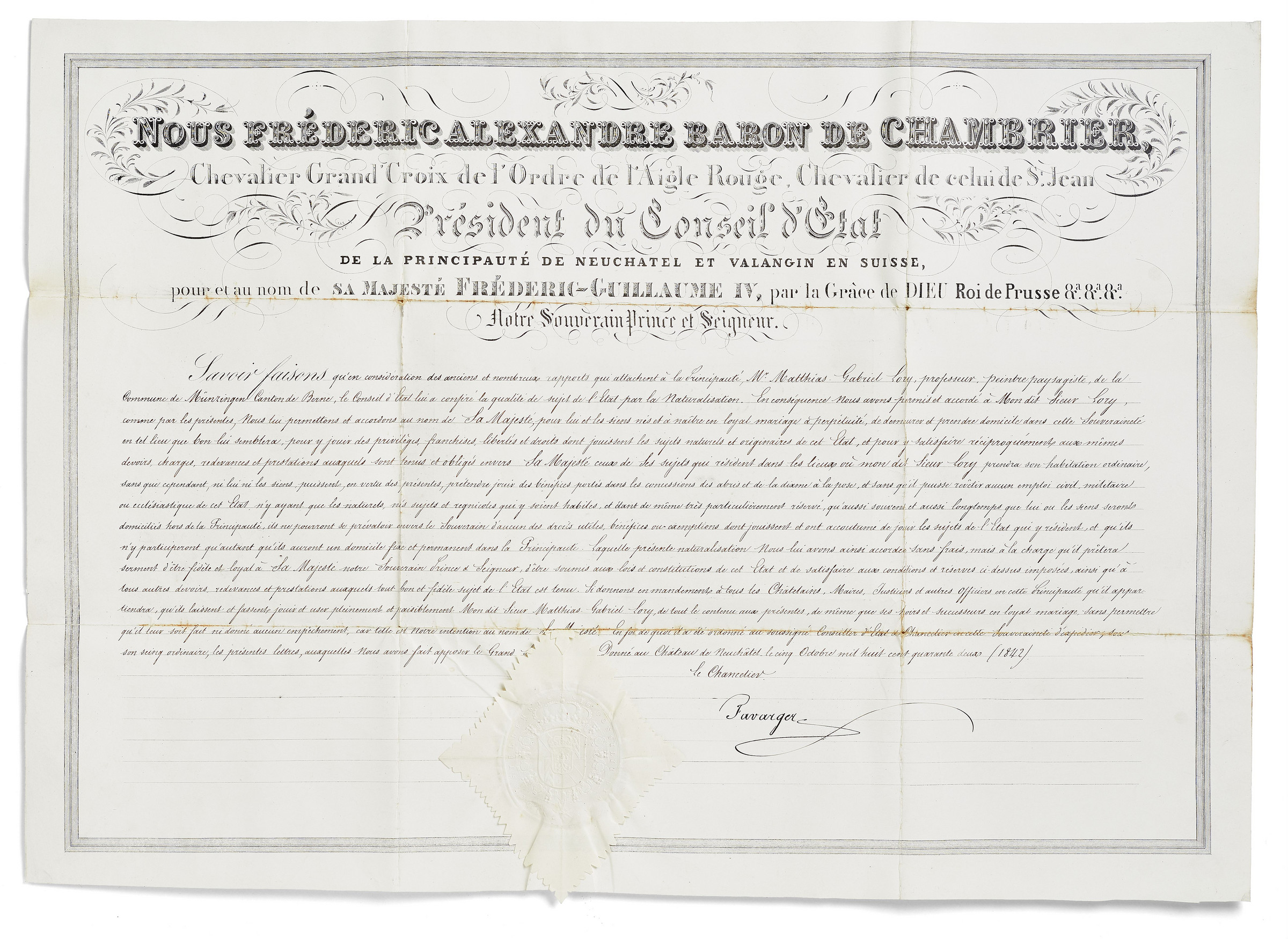 Lettre de naturalisation de la ville de Neuchâtel en faveur de Gabriel Lory fils