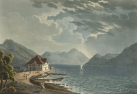 Alpnach, vue partielle depuis le sud. Bateau ; orage ; port ; lac des Quatre-Cantons