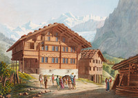 Locanda a Grindelwald; in primo piano un gruppo di viaggiatori, sullo sfondo montagne