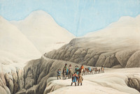 Groupe de voyageurs sur la route enneigée du Gothard.