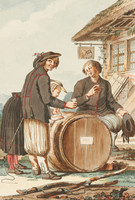 Deux hommes et une femme en tenue traditionnelle de Murten  dégustent du vin sur un tonneau devant une auberge