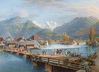 Vue du village d’Unterseen. Au premier plan, pont en caissons animé sur l’Aar; à l’arrière-plan, massif de la Jungfrau.