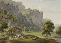 Lauterbrunnen, vue partielle. Ferme ; jardin ; vallée de Lauterbrunnen ; cascade Staubbach ; chute d'eau