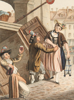 Homme séduisant une femme à l’entrée d’une taverne