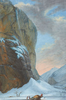 Cascata di Staubbach nella valle di Lauterbrunnen; in primo piano l’artista su uno spuntone roccioso