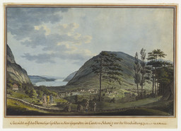 Goldau, veduta generale da sud. Catastrofe naturale; Rigiaa; Rossberg; Lago di Zugo