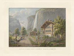 Lauterbrunnen, vista parziale. Casa colonica; fontana; giardino; cascate di Staubbach
