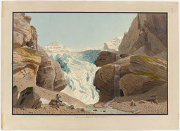 Front du glacier de Rosenlaui, à l’arrière-plan le Wetterhorn; au premier plan un chasseur
