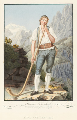 Jeune berger debout sur un rocher, avec cor des Alpes