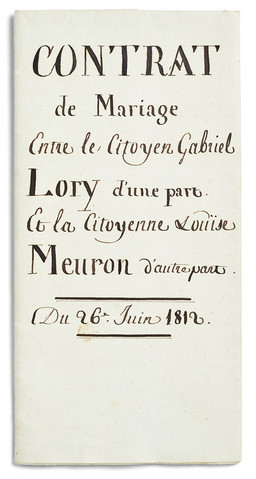 Certificato di matrimonio tra Henriette-Louise de Meuron e Gabriel Lory «figlio»