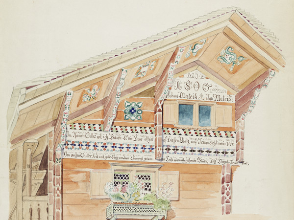 Bauernhaus, Teilansicht der Fassade mit Hausinschrift und Dachuntersicht