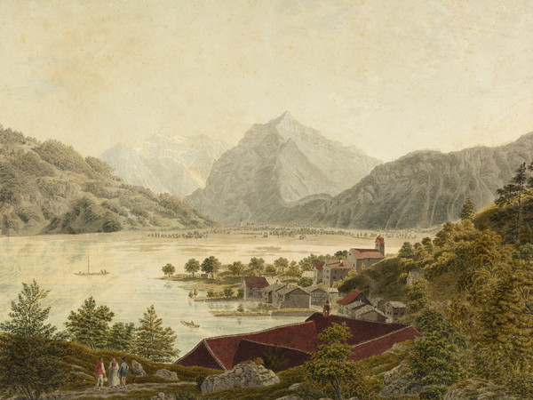 Weesen, veduta generale da nordest. Barca; Glärnisch; Chiesa; Convento; Rautispitz; Lago di Walenstadt