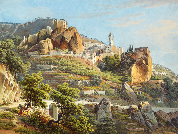 Vista di una sconosciuta cittadina italiana con rovine di castelli sul pendio di una montagna