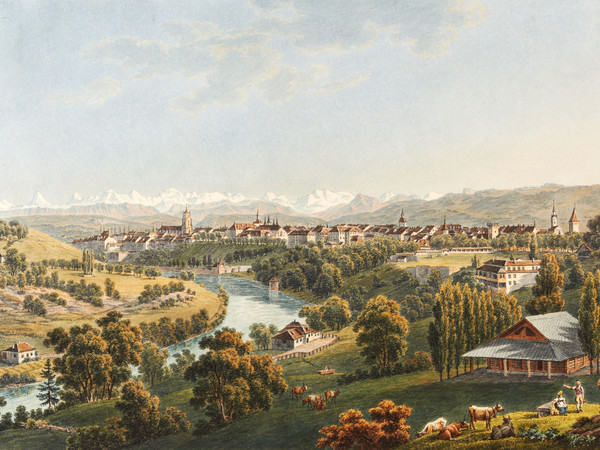 Veduta generale di Berna da nord. Aare; Alpi; contadini; mandria; stalla
