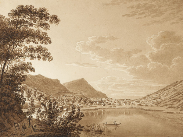 Lauerz, vue générale depuis le sud-est ; bateau ; éboulement de Goldau ; berger ; lac de Lauerz