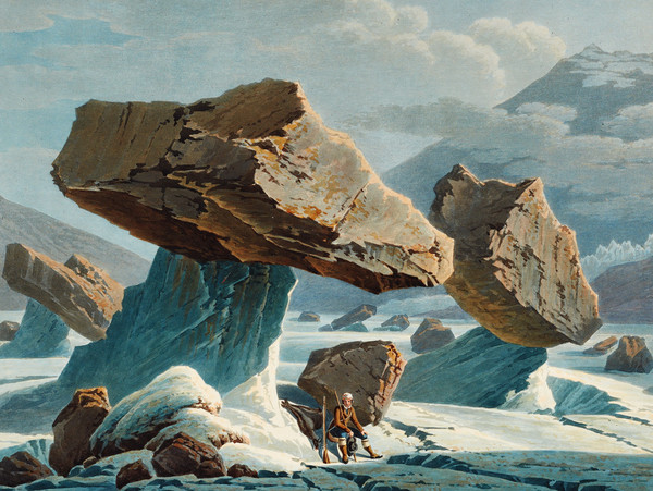 Table glaciaire sur le glacier de l’Unteraar; au premier plan un chasseur assis