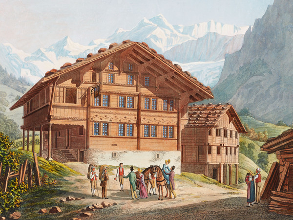 Auberge à Grindelwald. Au premier plan, groupe de voyageurs; à l’arrière-plan, montagnes.