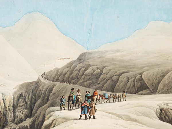 Groupe de voyageurs sur la route enneigée du Gothard.