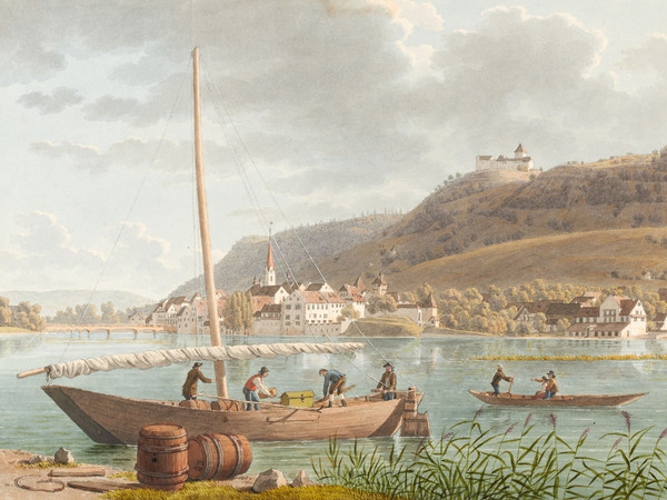 Blick von Südwesten auf den Rhein und auf Stein am Rhein. Im Vordergrund sind Bootsmänner auf einem Boot beschäftigt