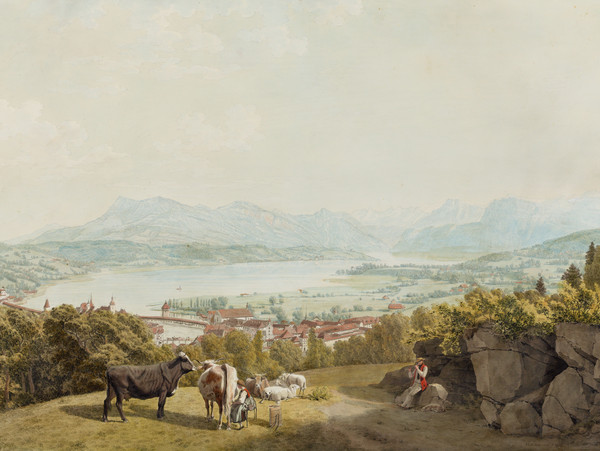 Au premier plan, berger jouant de la flùte et femme en train de traire deux vaches; à l’arrière-plan, vue de la ville de Lucerne du sud-ouest.