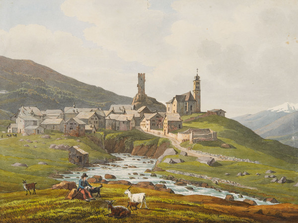Vue du village d’Hospental et au premier plan un berger et ses chèvres