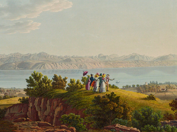 Turisti ammirano da un’altura il panorama del lago di Ginevra