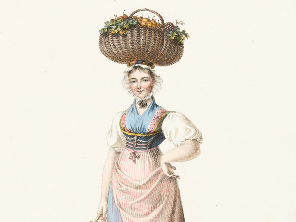 Femme en pied en costume thurgovien et paniers remplis de fruits