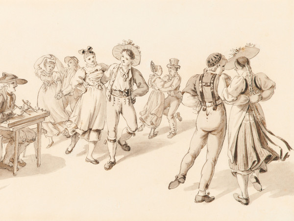 Due suonatori con saltiero tedesco e contrabbasso e quattro coppie danzanti in costume tradizionale