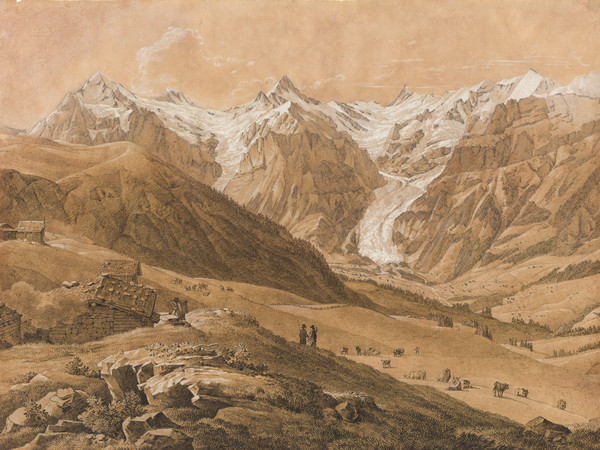 Veduta panoramica parziale del ghiacciaio superiore e del ghiacciaio inferiore di Grindelwald dall’alpe di Holzmatten