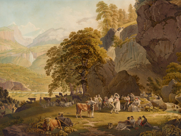 Fête des armaillis dans l’Oberhasli. Couple dansant et joueur de flûte sur un alpage, entourés d’un grand groupe en costume, de vaches, chèvres et chiens; à gauche dans le bas de la vallée, cours de l’Aar; au-dessus, chutes de Reichenbach et massif du Wetterhorn