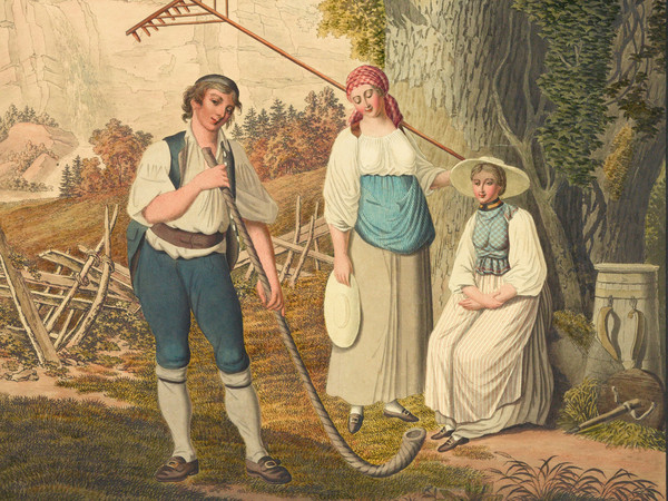 Groupe de personnages avec joueur de cor des Alpes et deux jeunes filles en costume; à l’arrière-plan, grand chêne et vallée de l’Oberhasli
