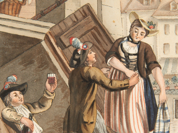Mann verführt eine Frau am Eingang einer Weintrotte