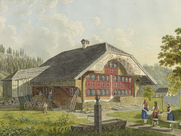 Ferme, vue extérieure. paysan ; fotaine ; Entlebuch