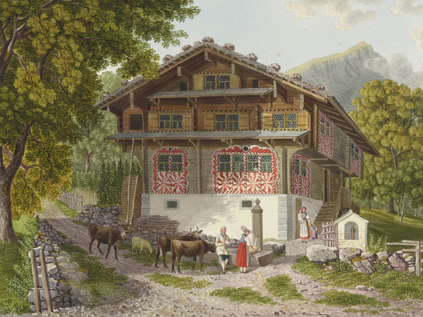 Ferme, vue de l'éxterieur. Paysan; puits