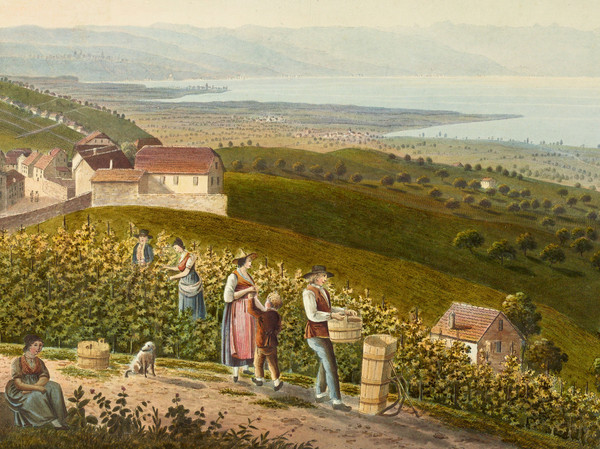 Veduta parziale del lago di Ginevra verso est; in primo piano alcuni viticoltori e un gruppo di turisti