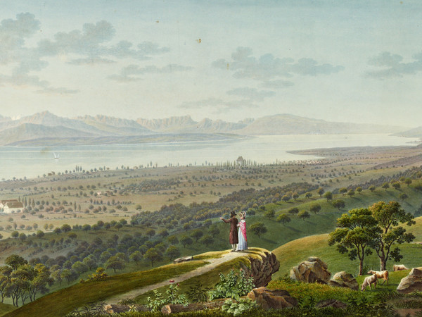 Veduta parziale del lago di Ginevra verso ovest; in primo piano due turisti