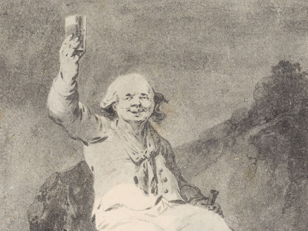Buveur assis sur une pierre, un verre à la main