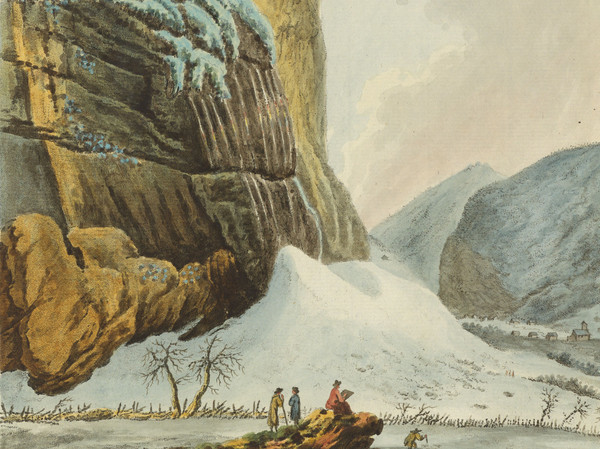 Cascade du Staubbach dans la vallée de Lauterbrunnen. Au premier plan, l’artiste sur un bec de rocher.