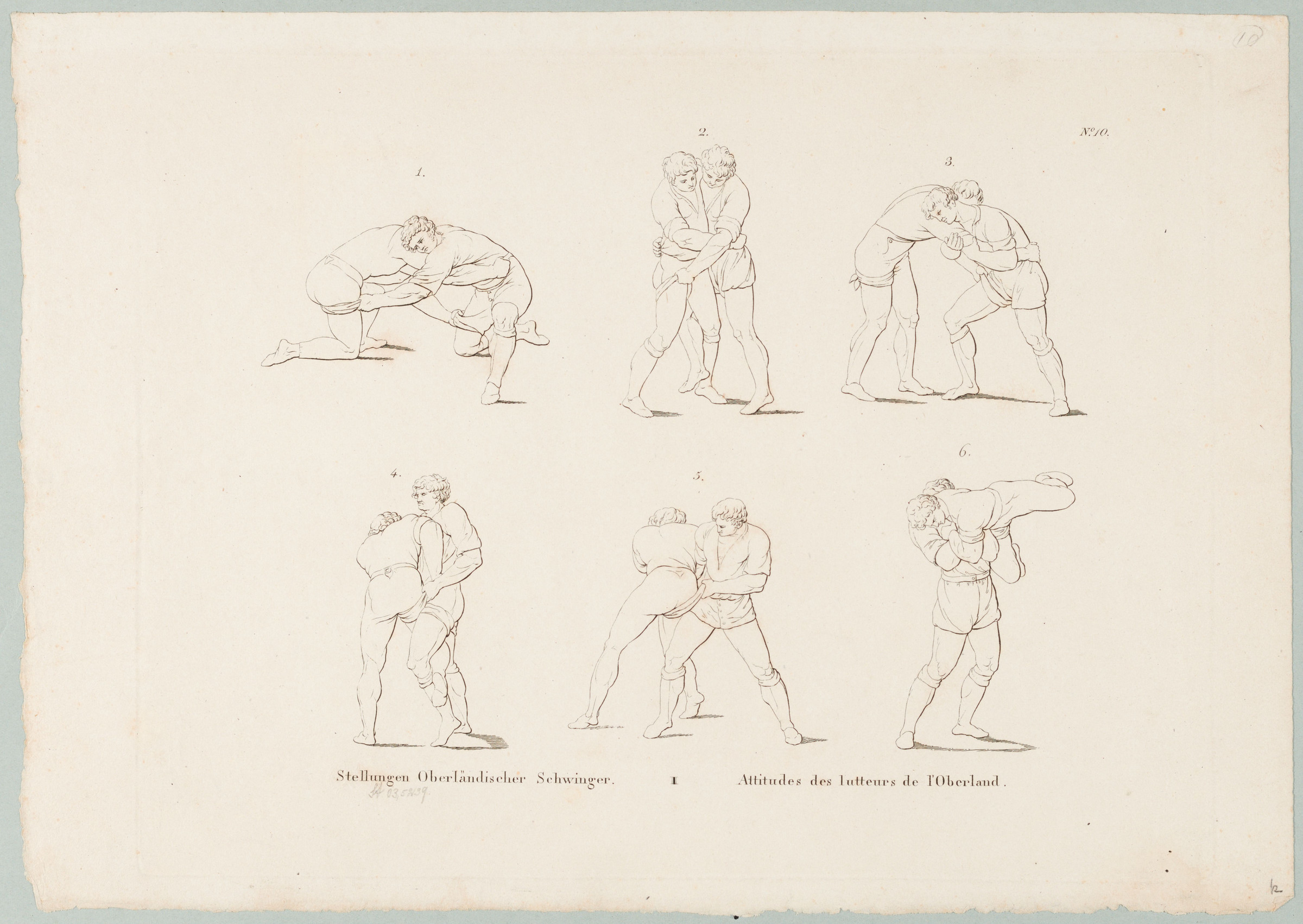 Six couples de lutteurs de l’Oberland bernois, représentés dans six postures différentes