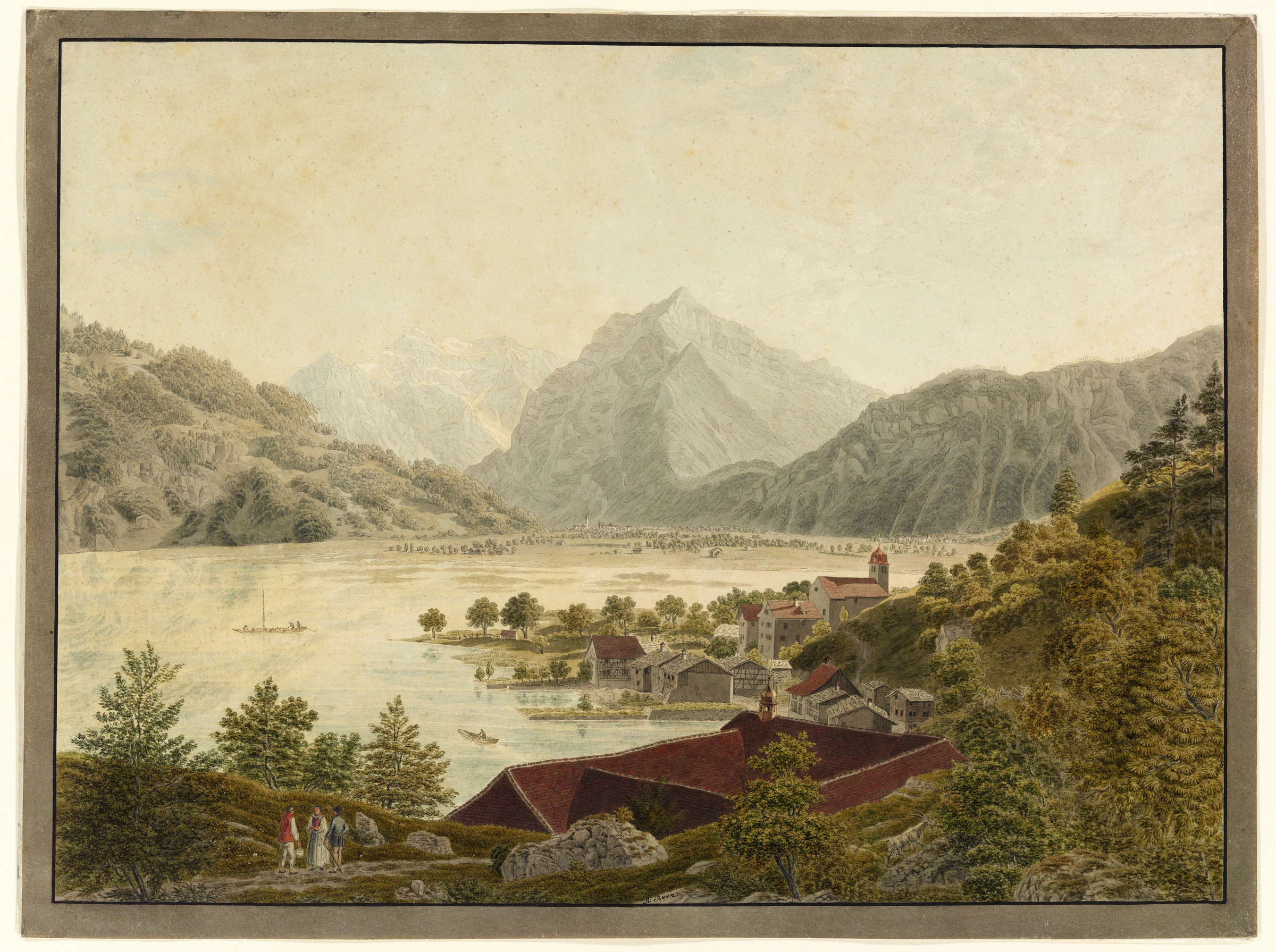 Weesen, veduta generale da nordest. Barca; Glärnisch; Chiesa; Convento; Rautispitz; Lago di Walenstadt