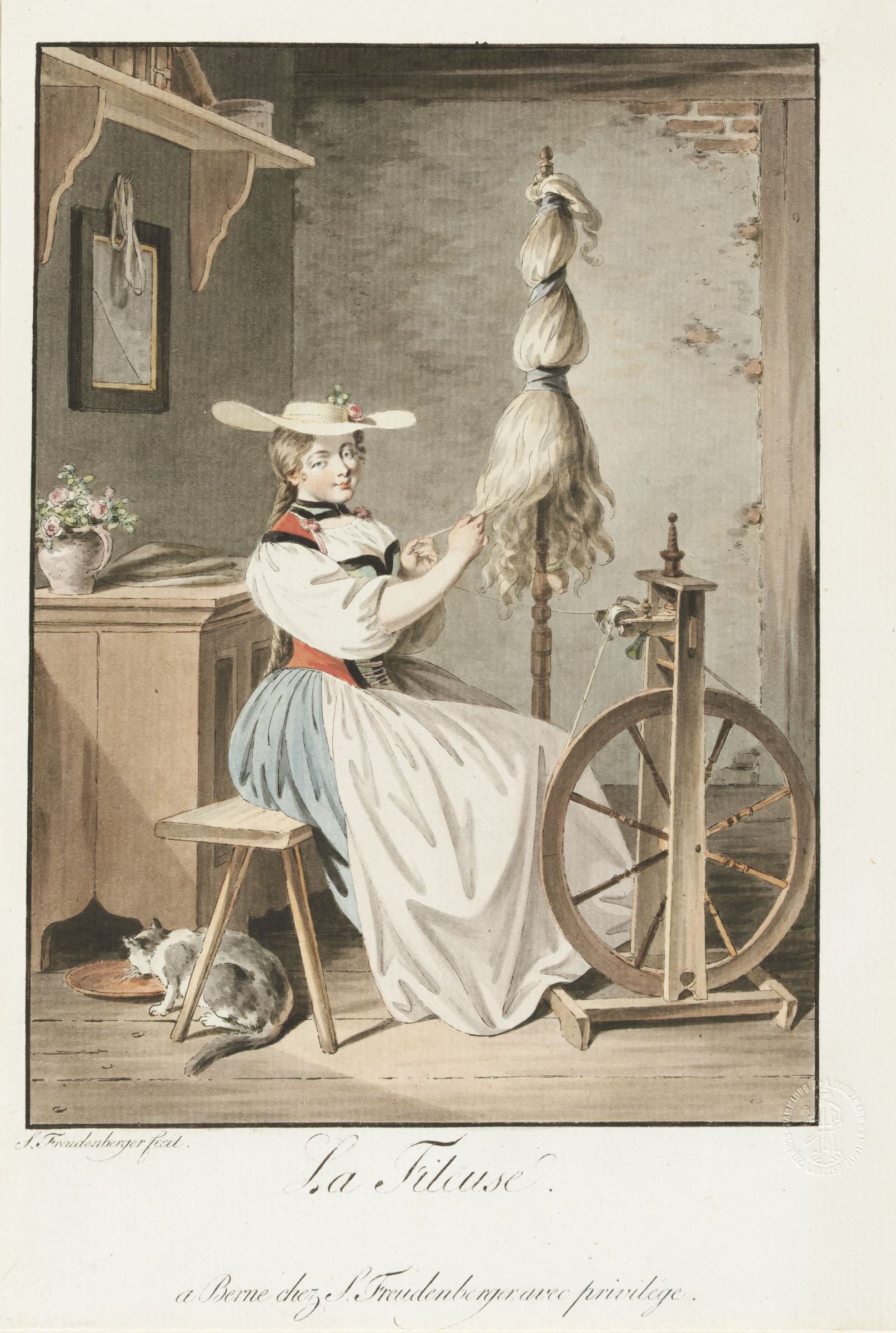 Jeune fille en costume à son rouet  