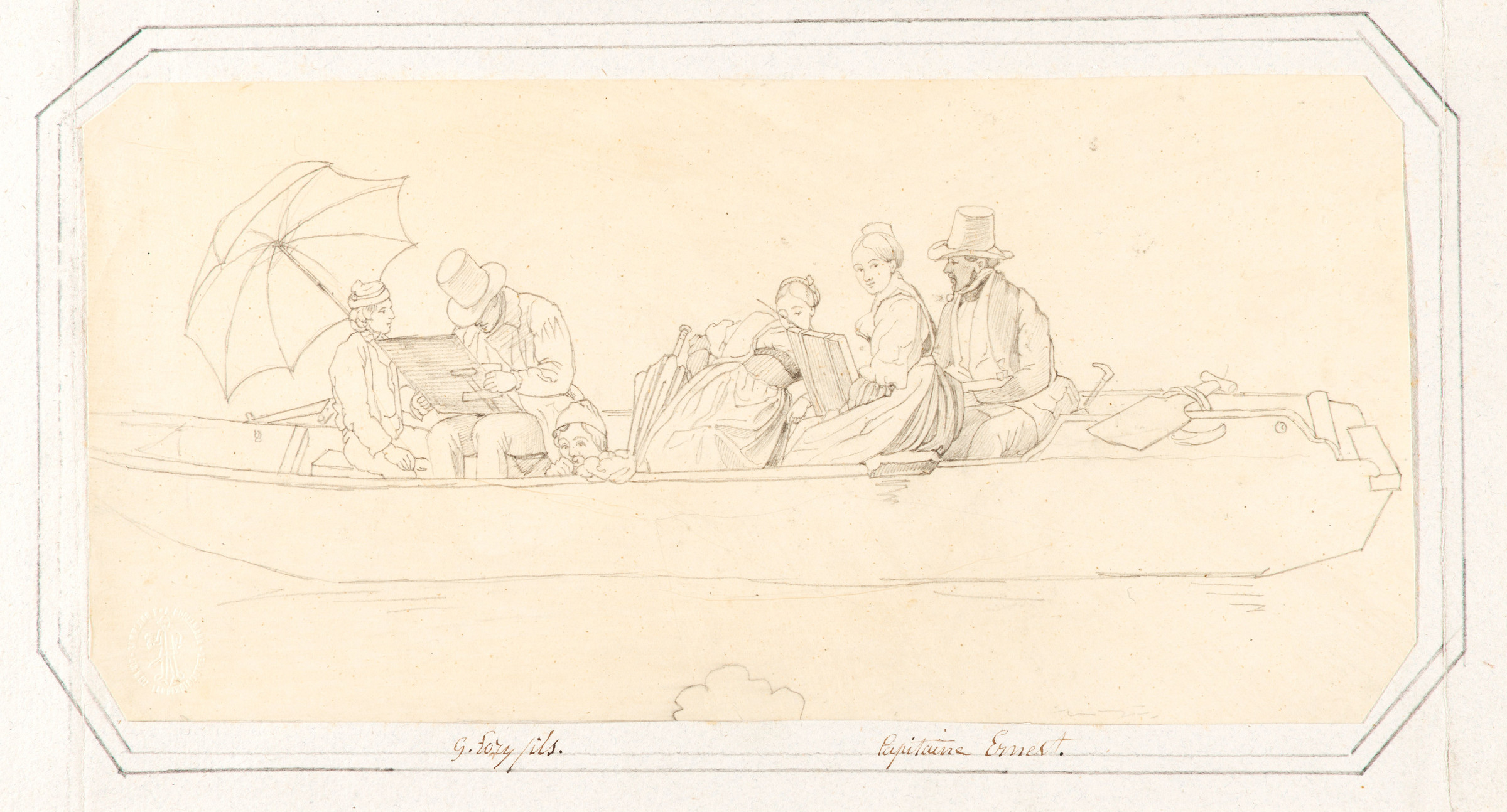 Bleistiftzeichnung eines Boots, darin Männer und Frauen beim Zeichnen