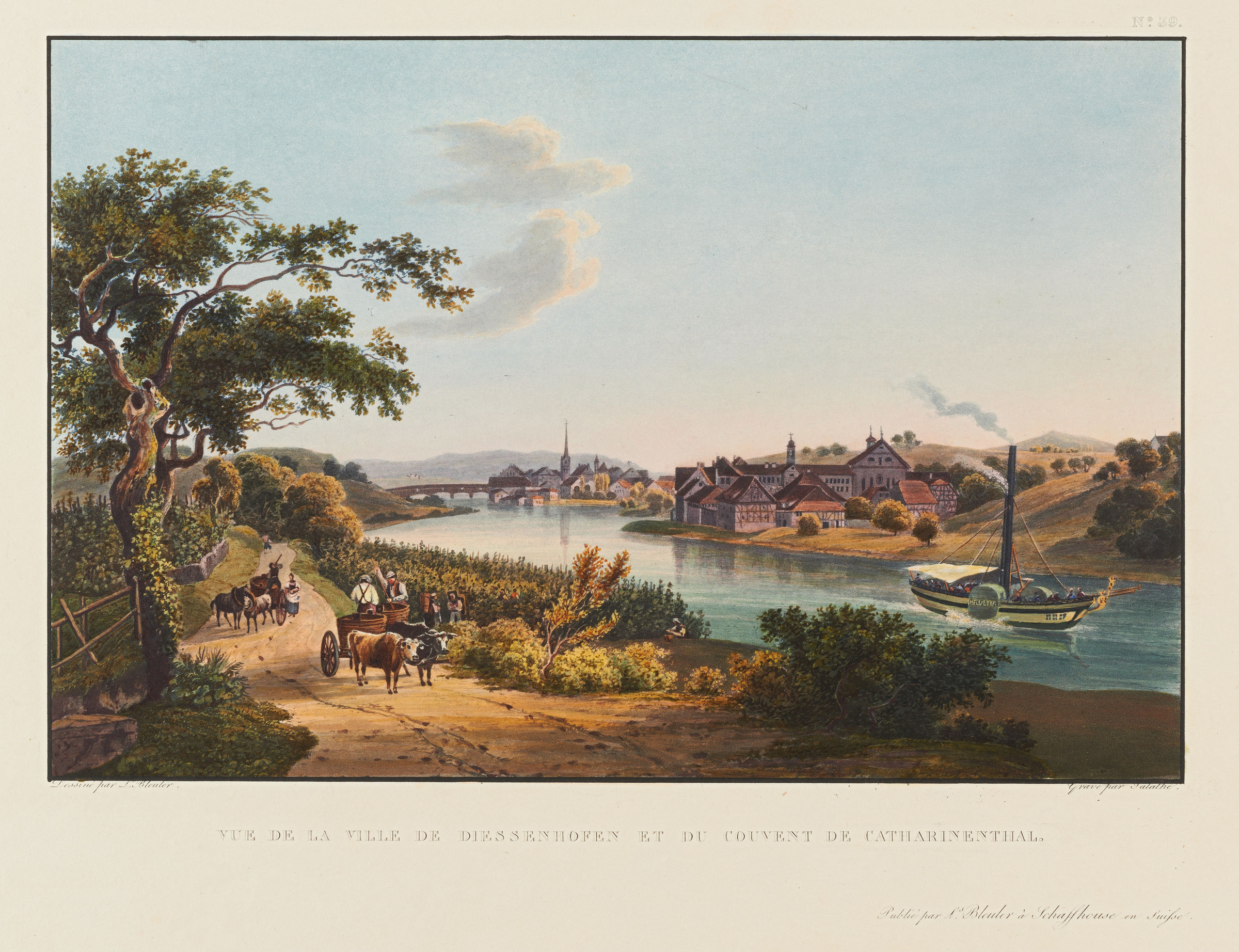 Veduta di Diessenhofen da ovest; in primo piano il Reno e un battello a vapore