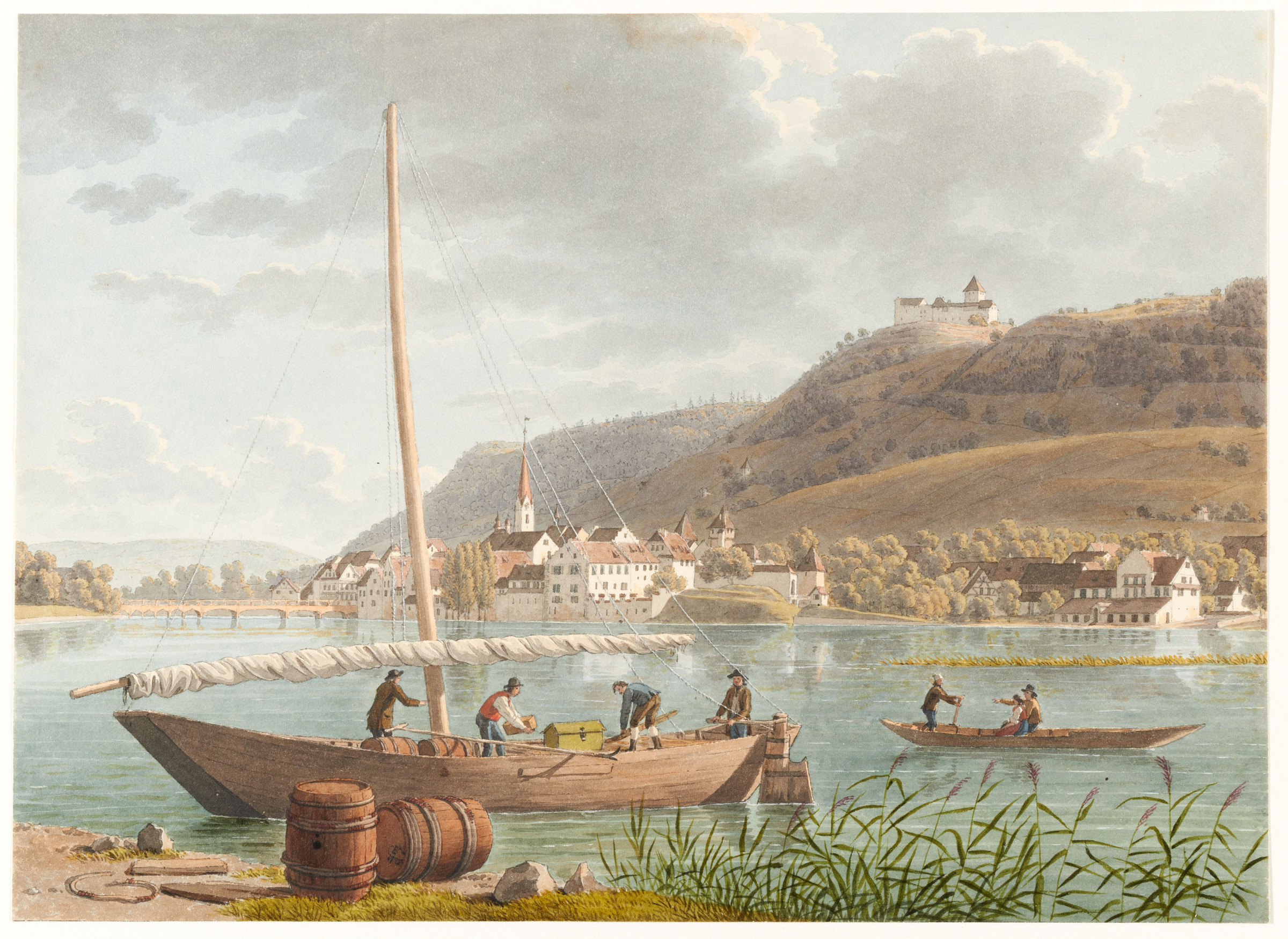 Veduta del Reno e di Stein am Rhein da sud-ovest; in primo piano dei battellieri indaffarati su un’imbarcazione