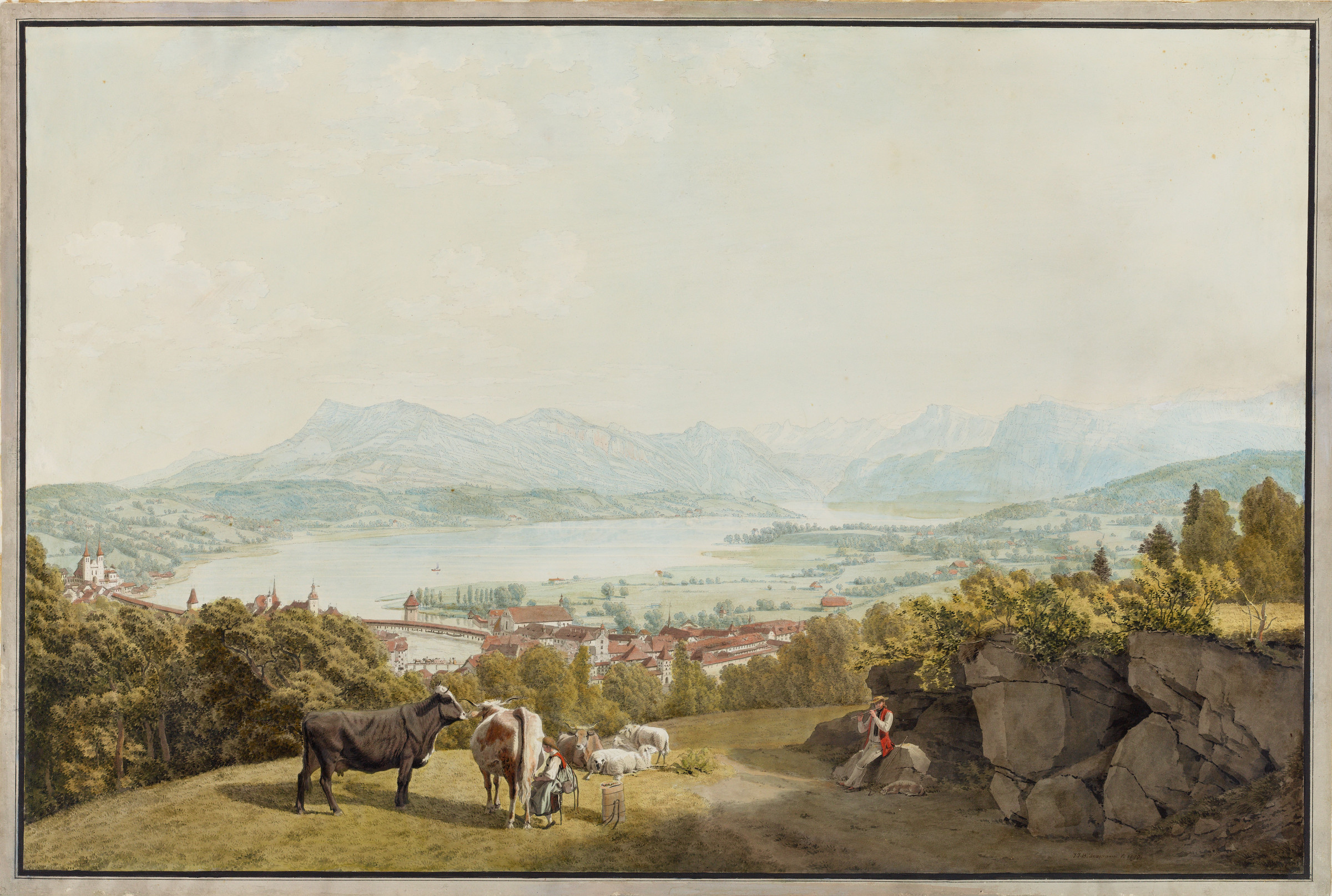 Au premier plan, berger jouant de la flùte et femme en train de traire deux vaches; à l’arrière-plan, vue de la ville de Lucerne du sud-ouest.